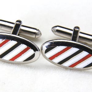 Vintage Swank Stainless Steel Black White & Red Enamel Striped Oval Cufflinks Cuff Links