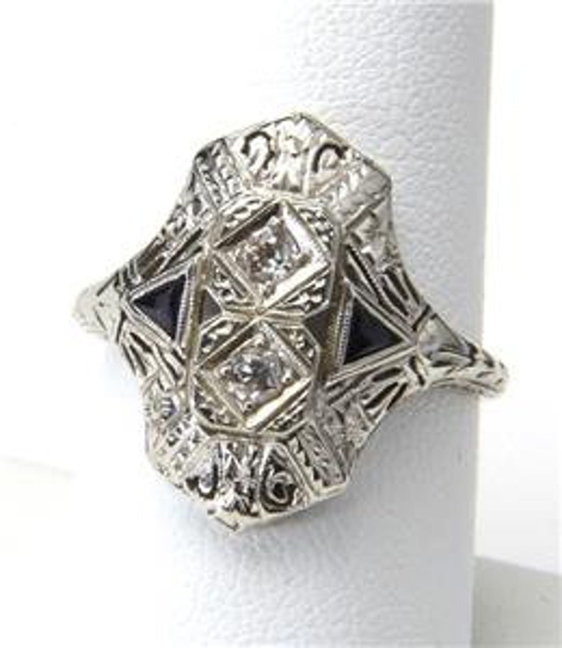 Stunning Vintage 14k White Gold Diamond Art Deco Ring Size 8.25 Antique image 4