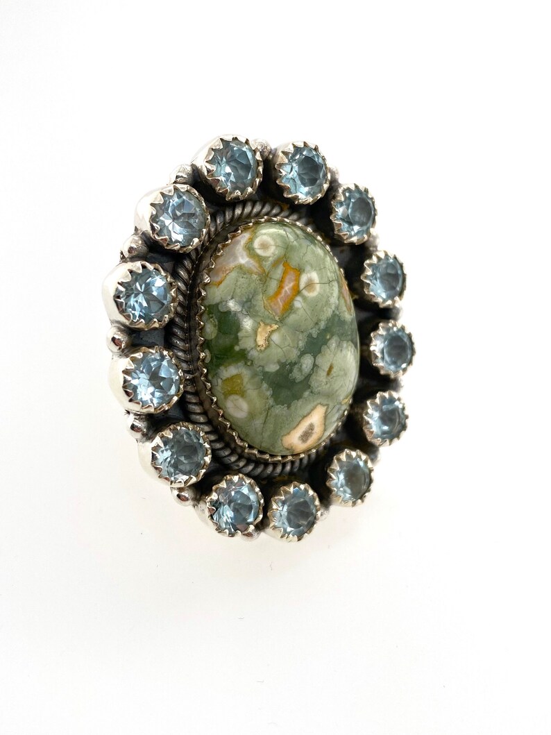 Artisan Green Ocean Jasper Aquamarine & Sterling Silver Ring Sz 7.75 Adjustable image 8