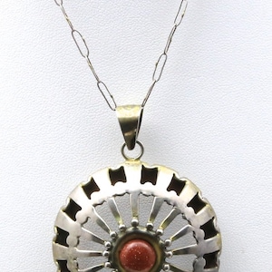 Vintage Sterling Silver Taxco Circle Pendant Necklace Modernist Goldstone Center