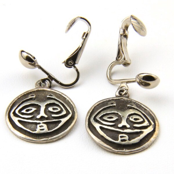 Vintage Sterling Silver Tribal Face Dangle Earrings Circle Round Laughing Funny