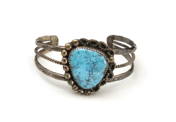 Vintage Bright Blue Turquoise Cuff Bracelet Sterl… - image 1