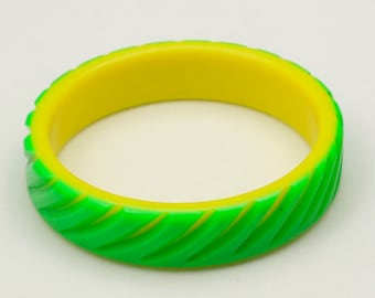 Vintage Carved Plastic Lucite Bangle Bracelet Neon Green & Yellow Retro Mod