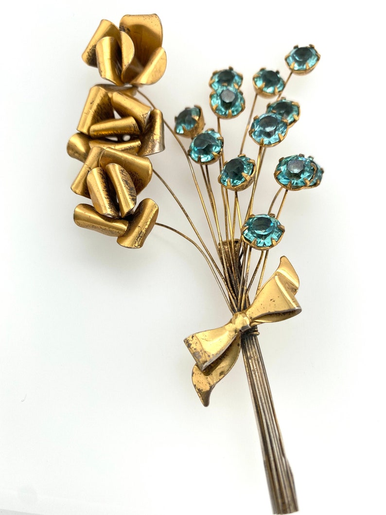 Vintage Sterling Silver Gold Wash Aqua Rhinestone Flower Bouquet Pin Brooch Retro image 2