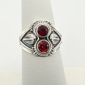 Artisan Garnet & Sterling Silver Ring Statement Leaf Feather Band Sz 7.25