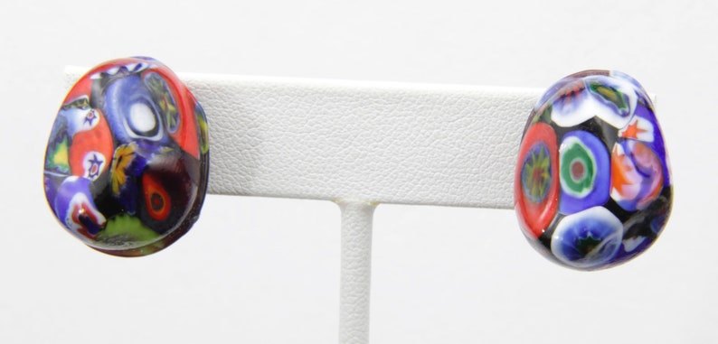 Vintage 60s Venetian Millefiori Glass Clip On Earrings Colorful Murano Oval image 2