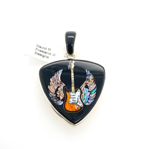David R Freeland Jr Multi Stone Inlay WINGED GUITAR Pendant Sterling Silver Fender