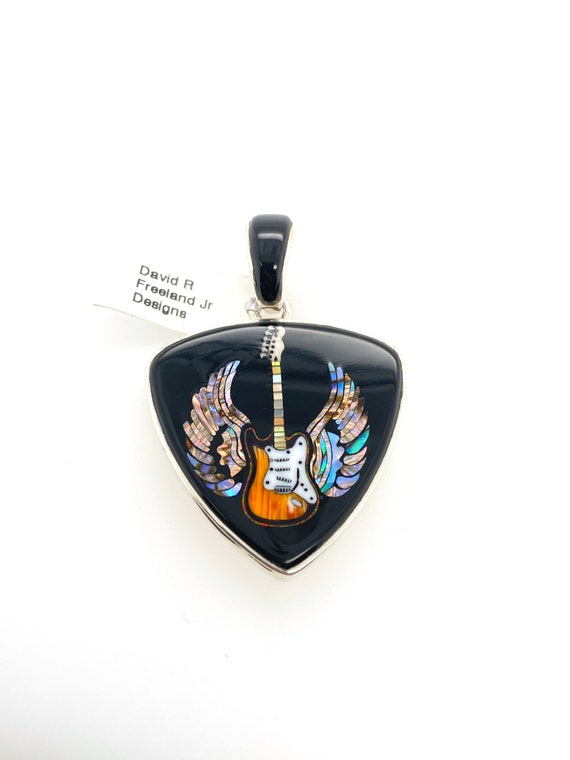 Rare Inlaid Gemstone Winged Guitar Pendant by David Freeland Rare Inlaid Gemstone Winged Guitar Pendant by David Freeland
