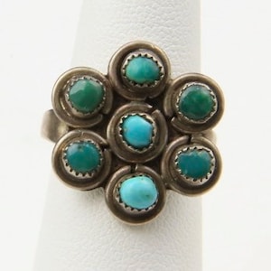 Vintage Navajo Sterling Silver & Blue Green Turquoise Flower Cluster Ring Sz 6