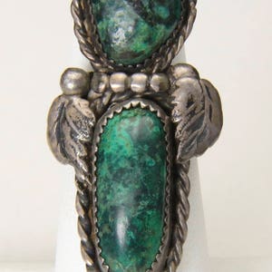 Vintage Long Sterling SIlver & Double Malachite Stone Ring Size 7 Southwestern image 2