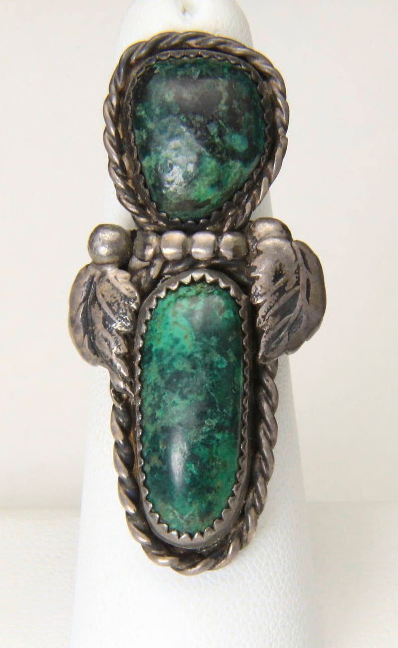 Vintage Long Sterling SIlver & Double Malachite Stone Ring Size 7 Southwestern image 2
