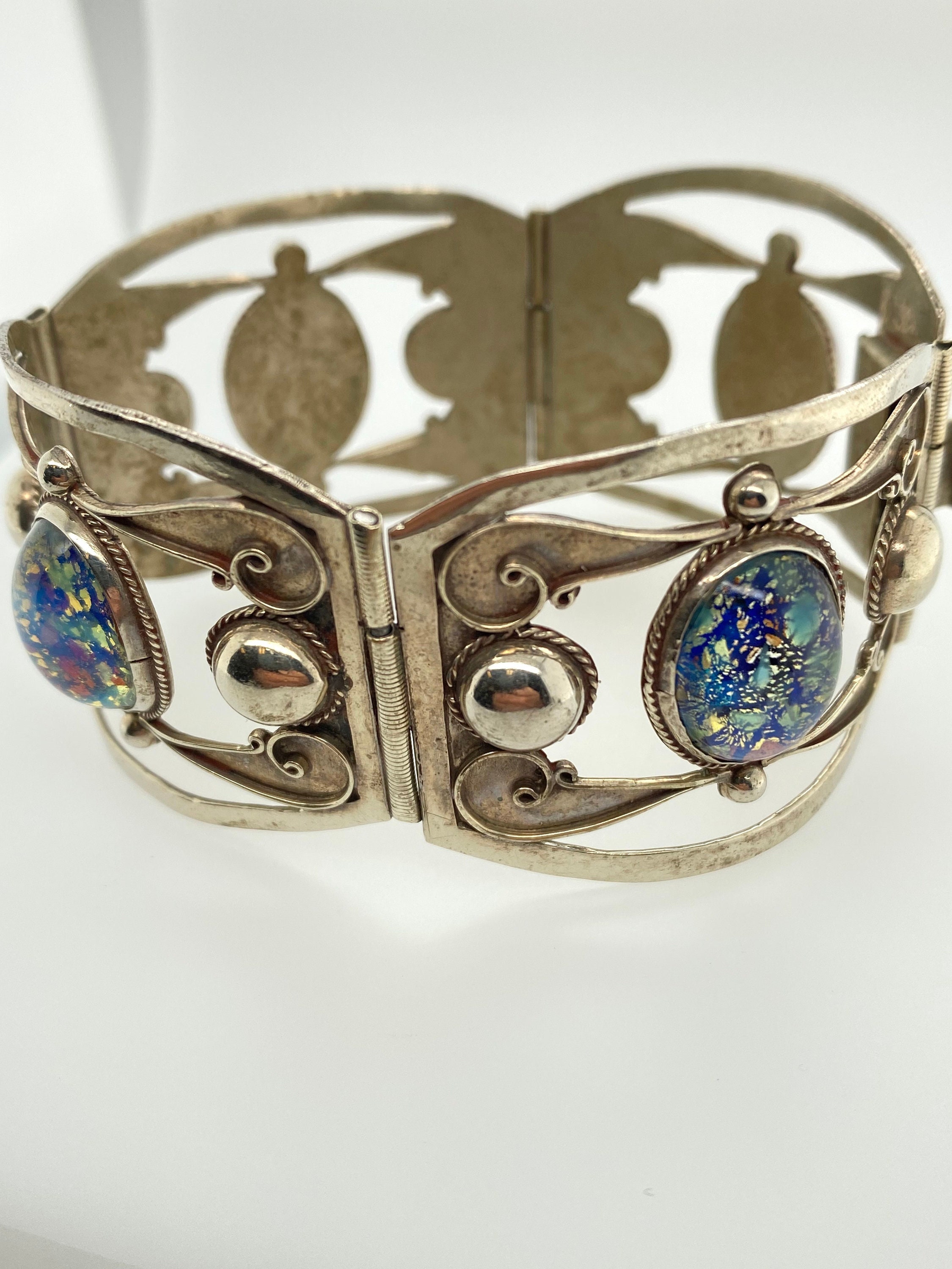 Vintage Taxco Mexico Confetti Opal Glass Sterling Silver