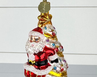 Christopher Radko Santa Peeking Around Gold Tree Glass Christmas Ornament