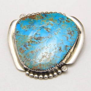 Vintage Large Turquoise Stone Sterling Silver Brooch Signed BE Zuni Southwestern