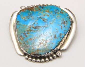 Vintage Large Turquoise Stone Sterling Silver Brooch Signed BE Zuni Southwestern
