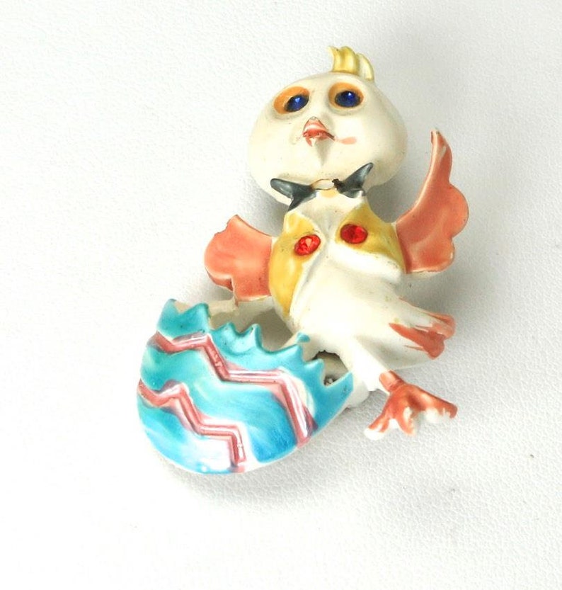 Vintage Enamel Easter Duck with Painted Egg Pin Brooch Rhinestone Accents Signed image 1