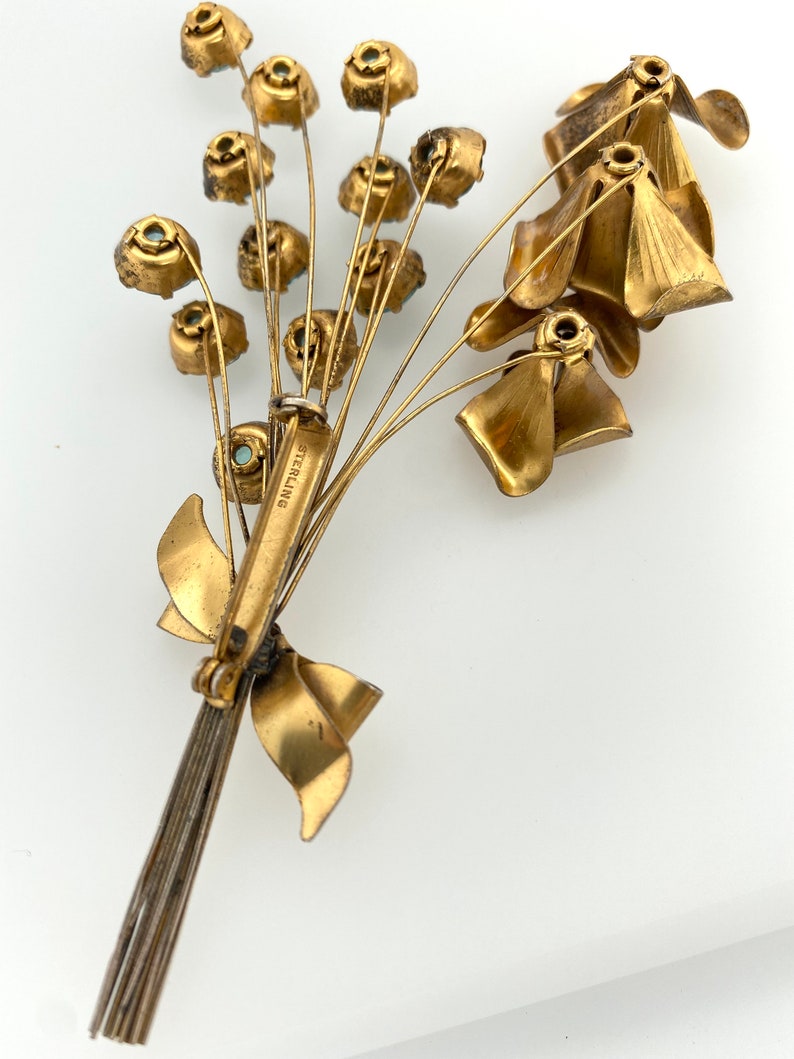Vintage Sterling Silver Gold Wash Aqua Rhinestone Flower Bouquet Pin Brooch Retro image 3