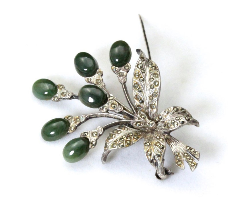 Vintage Sterling Silver Jade & Marcasite Flower Pin Brooch | Etsy