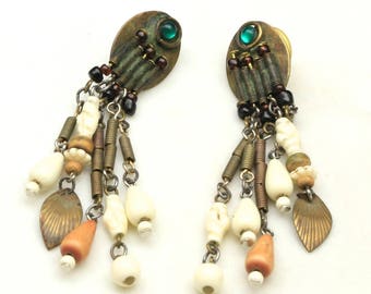 Vintage BOHO Artisan Mixed Material Drop Dangle Earrings Post Back Metal Glass Beads