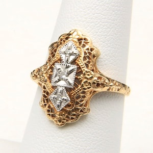 Vintage Art Deco Style 10k Gold & Diamond Ring Intricate Detail Design Sz 7