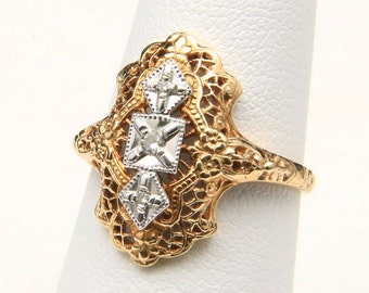 Vintage Art Deco Style 10k Gold & Diamond Ring Intricate Detail Design Sz 7