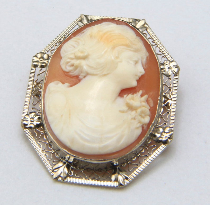 Vintage 14k White Gold Carved Shell Cameo Filigree Brooch Pin or Pendant image 2