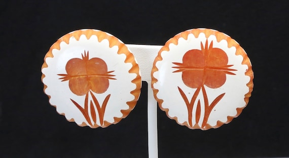 Vintage Carved Bakelite Overdyed Orange White Clip