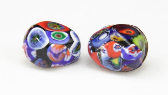 Boucles D'oreilles Pendantes Perles Millefiori - Fond Blanc - Verre Et Plaqué Or