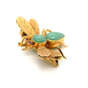 Vintage 14k Yellow Gold Jade Ruby Fly Insect Bee Pin Brooch Statement Hallmarked image 4