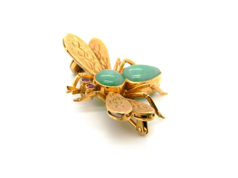 Vintage 14k Yellow Gold Jade Ruby Fly Insect Bee Pin Brooch Statement Hallmarked image 4