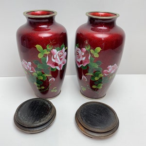 Vintage Pair Japanese Red Pigeon Blood Cloisonne Enamel Vase Rose Bamboo Bird image 8