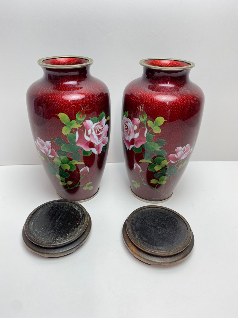 Vintage Pair Japanese Red Pigeon Blood Cloisonne Enamel Vase Rose Bamboo Bird image 8