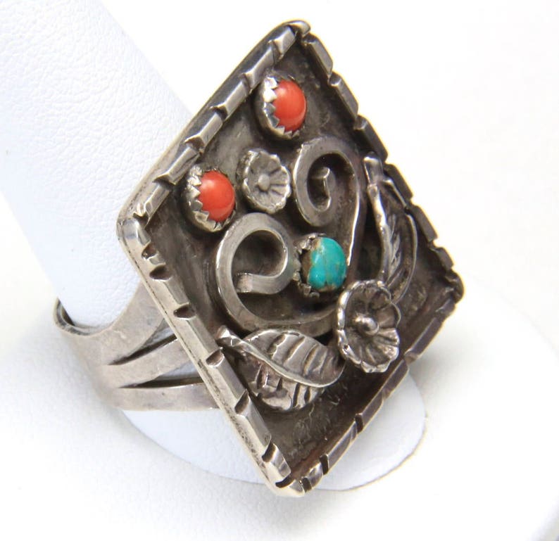 Vintage Unique Large Sterling Silver Square Platform Turquoise Coral Ring Sz 13 image 4