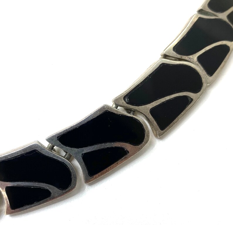 Vintage Taxco 950 Sterling Silver Black Onyx Inlay Hinged Modern Necklace TL-105 image 5