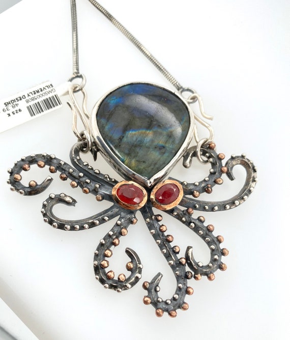 Artisan Labradorite Sterling Silver Octopus Penda… - image 2