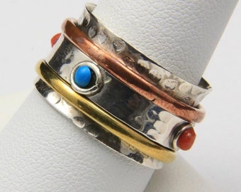 Vintage Artisan Spinner Ring Band Turquoise Coral Hammered Sterling Silver Sz 9