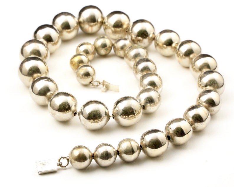 Vintage Taxco Sterling Silver Ball Bead Necklace Signed Handcrafted Artisan Graduated image 4