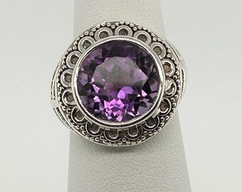 Artisan Purple Round Amethyst & Sterling Silver Ring Scallop Modernist Sz 7.5