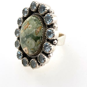 Artisan Green Ocean Jasper Aquamarine & Sterling Silver Ring Sz 7.75 Adjustable image 9