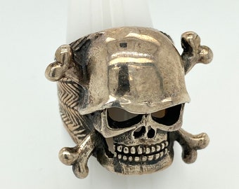 Vintage Sterling Silver Biker Skull Ring Cross Bones Mens Sz 10.75