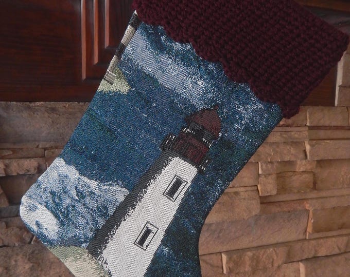 15" Handmade lighthouse tapestry Christmas Stocking with wool cuff