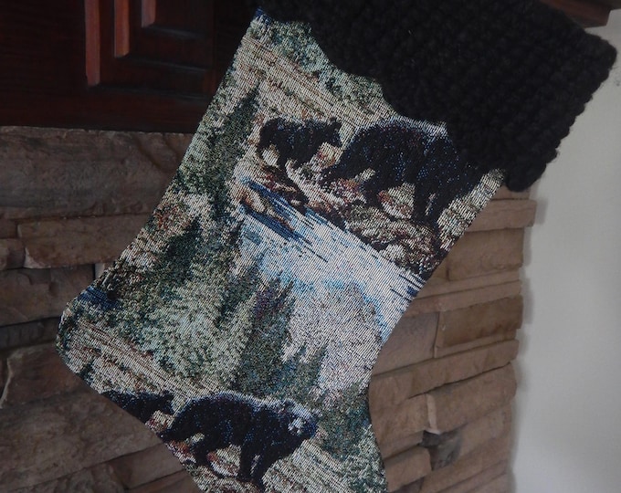 15" Handmade Bear with cubs tapestry Christmas Stocking