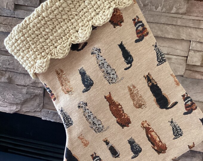22" Handmade Dogs Sitting Tapestry Christmas Stocking with wool cuff