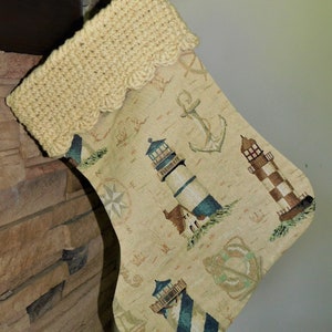 22&quot; Handmade Lighthouse Tapestry Christmas Stocking with wool cuff