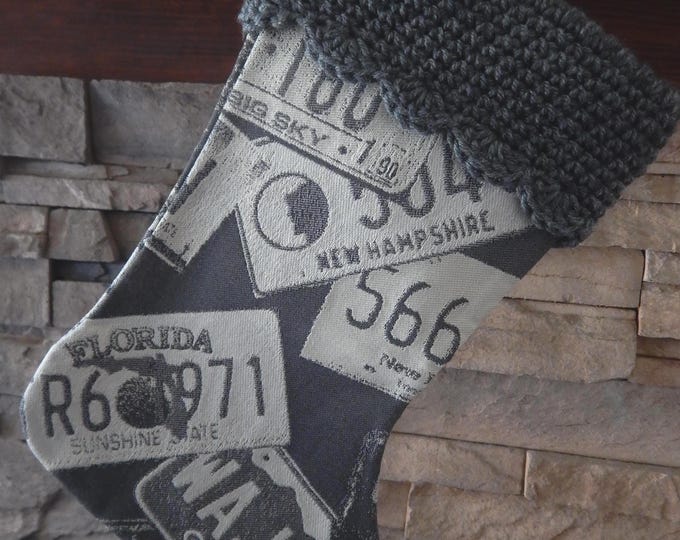 15" Handmade license plate tapestry Christmas Stocking