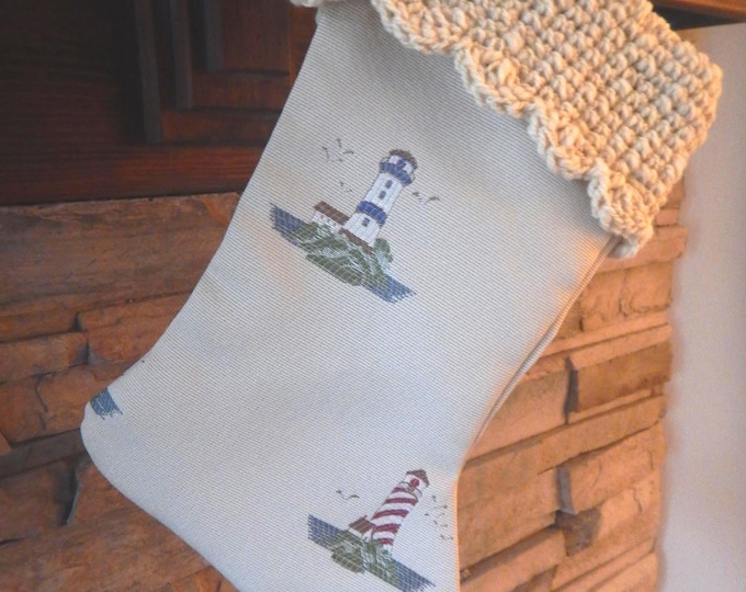 15" Handmade lighthouse Christmas stocking with wool cuff