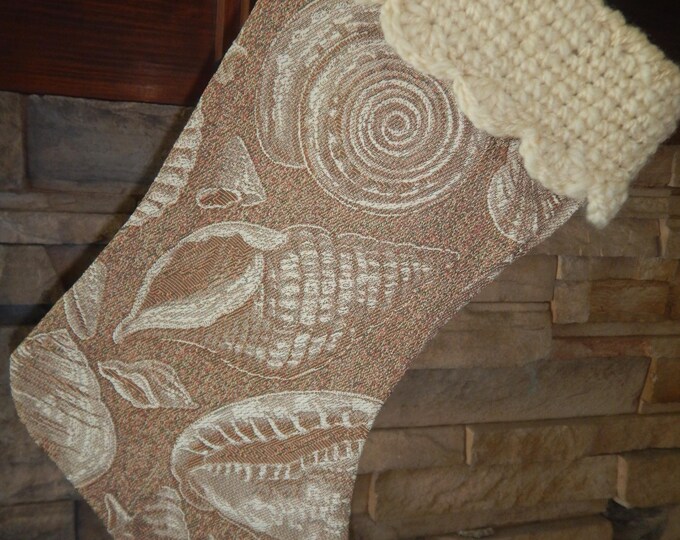 15" Handmade Sea shell tapestry Christmas Stocking with wool cuff