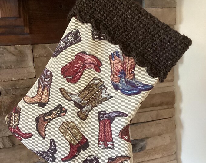 22" Handmade Cowboy Boots tapestry Christmas Stocking with wool cuff