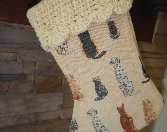 15" Handmade Sitting Dogs tapestry Christmas Stocking with wool cuff