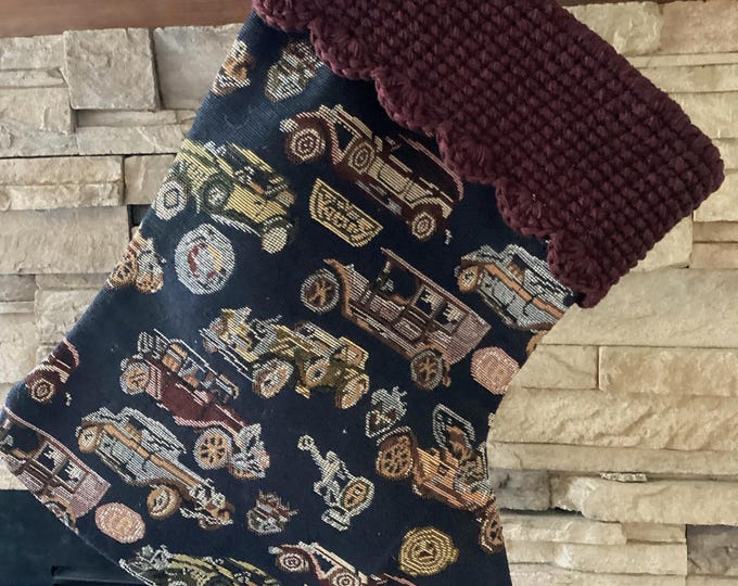 22" Handmade Vintage Cars Tapestry Christmas Stocking with wool cuff
